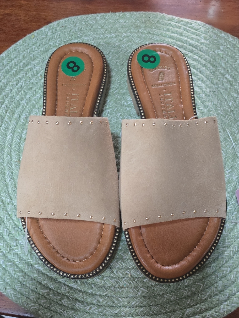 GENUINE LEATHER Beige Slide Sandals with Studded Trim - Women's Size 8